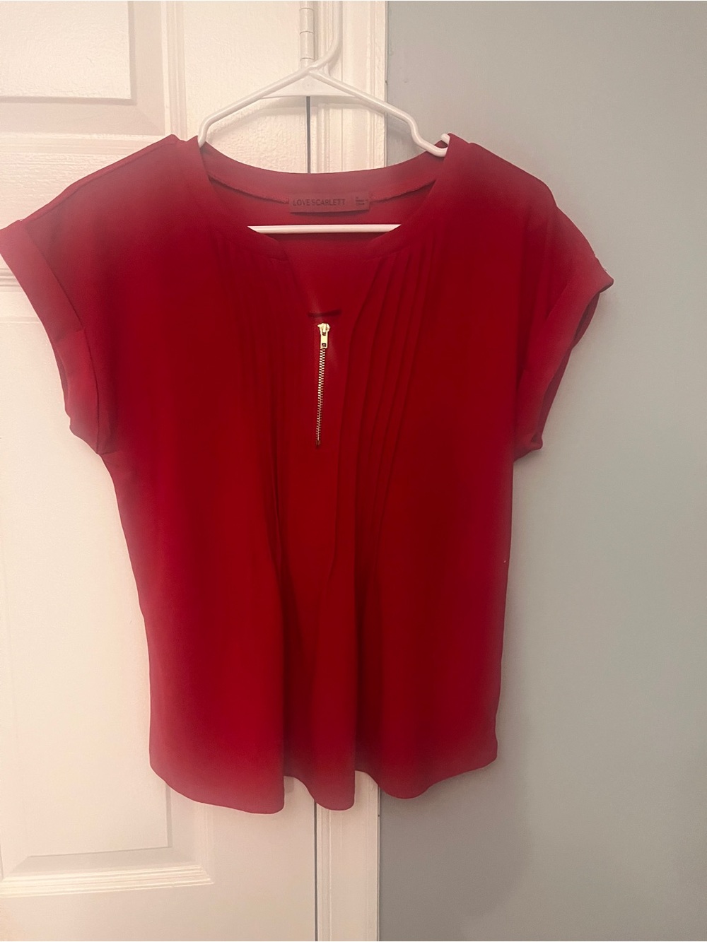 Scarlett Red Short-Sleeve Pleated Blouse with Gold Zip